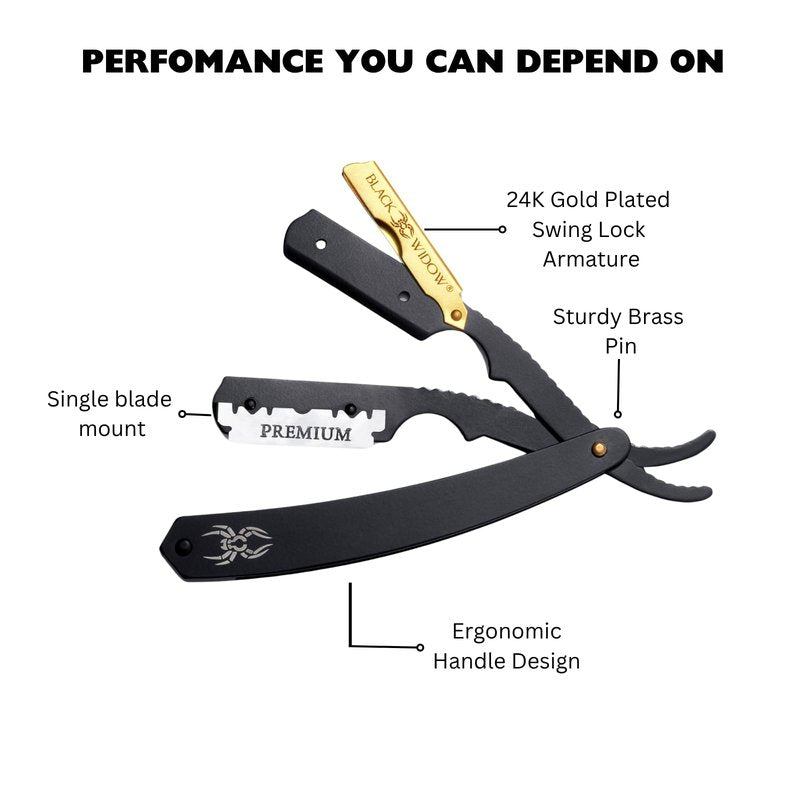 Black Widow Professional Straight Razor – Matte Black & 24K Gold plated finish Barber Razor for Men – Swing Lock Grip, Stainless Steel Shavette for Barbers & Beginners pack of 10 blades