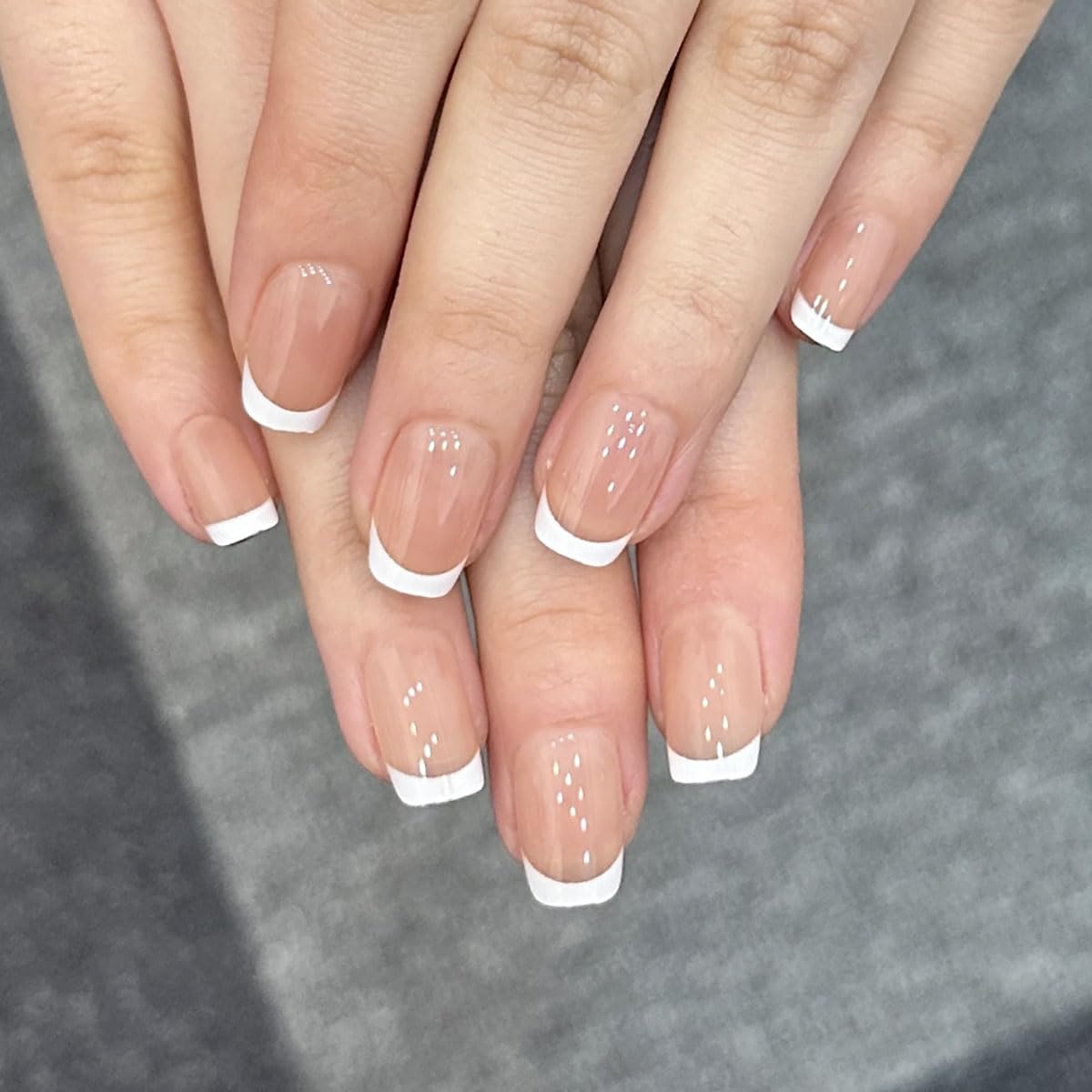 Cat Eye French Tip Press-On Nails - Nude & Pink Short Almond | Reusable Glue-On Nails with Gold Line for Weddings & Parties