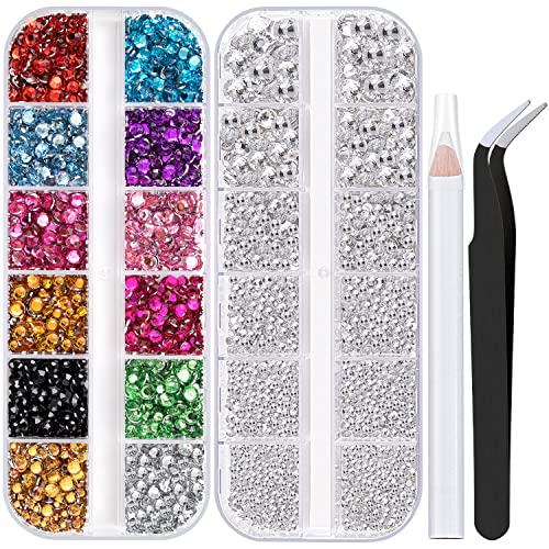 BELLEBOOST 4520Pcs Nail Art Rhinestones Set - 12 Colors & 6 Sizes with Picker & Tweezer (Transparent White & Mixed Color)