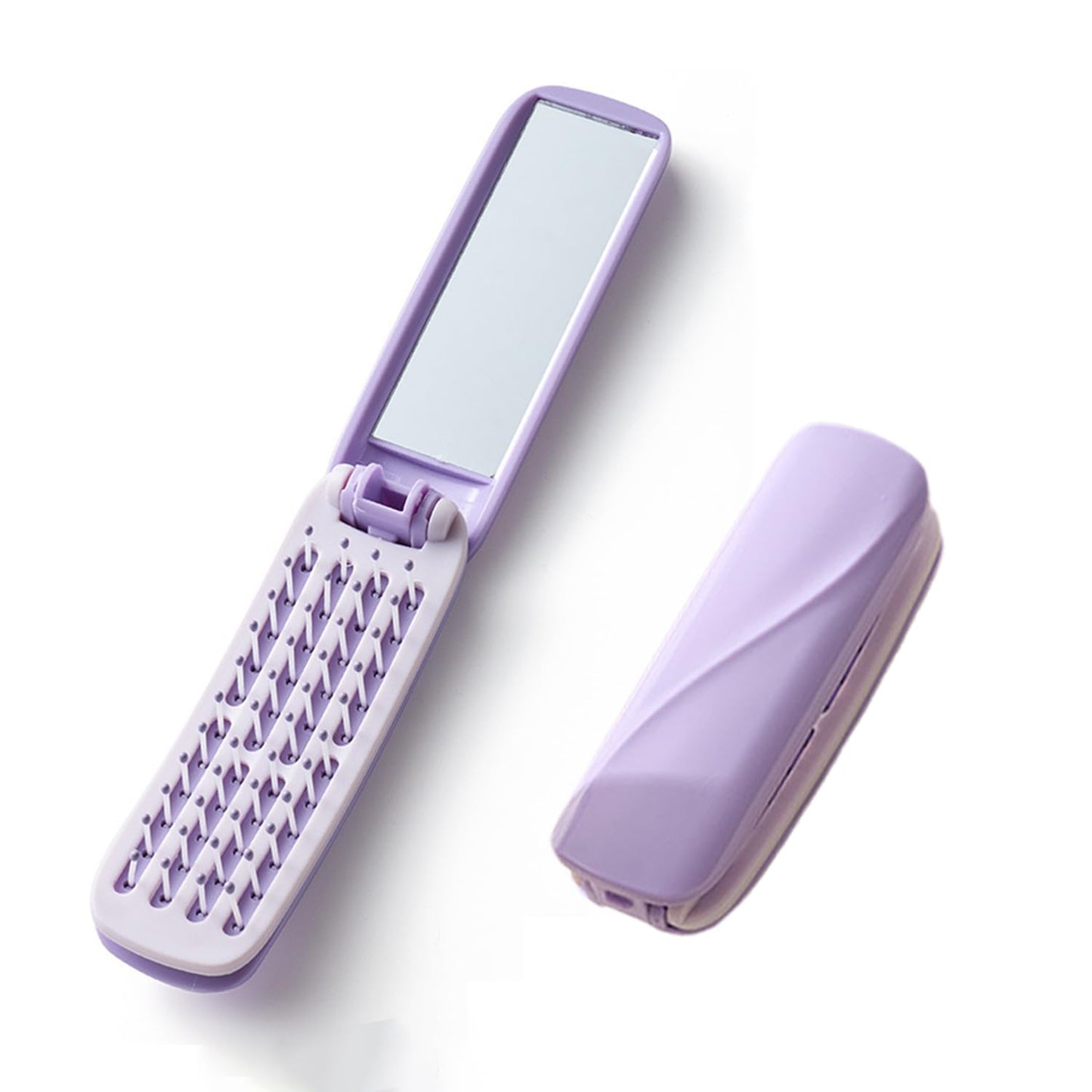 Folding Hair Brush with Mirror, Self Cleaning Hairbrush, Mini Compact Hair Brush for Purse, Small Pocket Travel Brush for Women and Girls