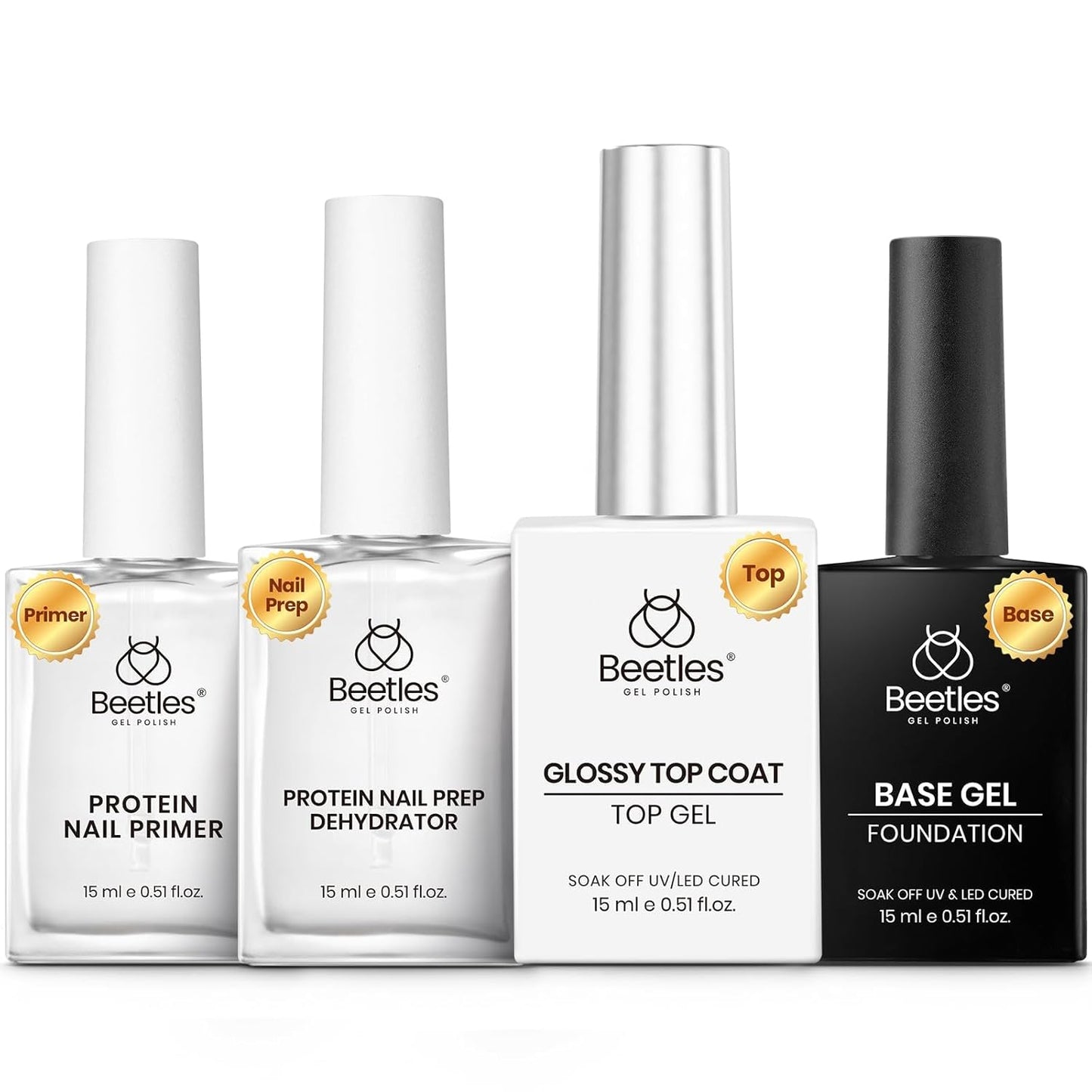 Beetles Gel Base and Top Coat Set - 15ml | Extra Glossy Finish, Acid & Hema Free Nail Prep Bond