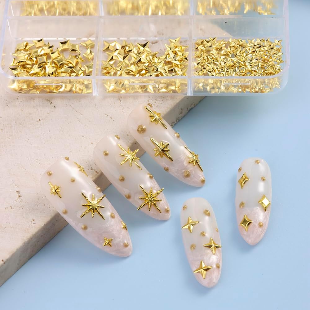 3D Star Nail Art Charms - Gold Metallic Studs & Rhinestones | Mixed Styles for DIY Manicure Supplies