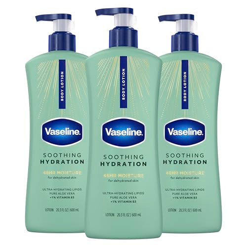 Vaseline Intensive Care Body Lotion for Dry Skin Soothing Hydration Lotion Made with Ultra-Hydrating Lipids + 1% Aloe Vera Extract to Refresh Dehydrated Skin 20.3 oz, Pack of 3 (packaging May Vary)