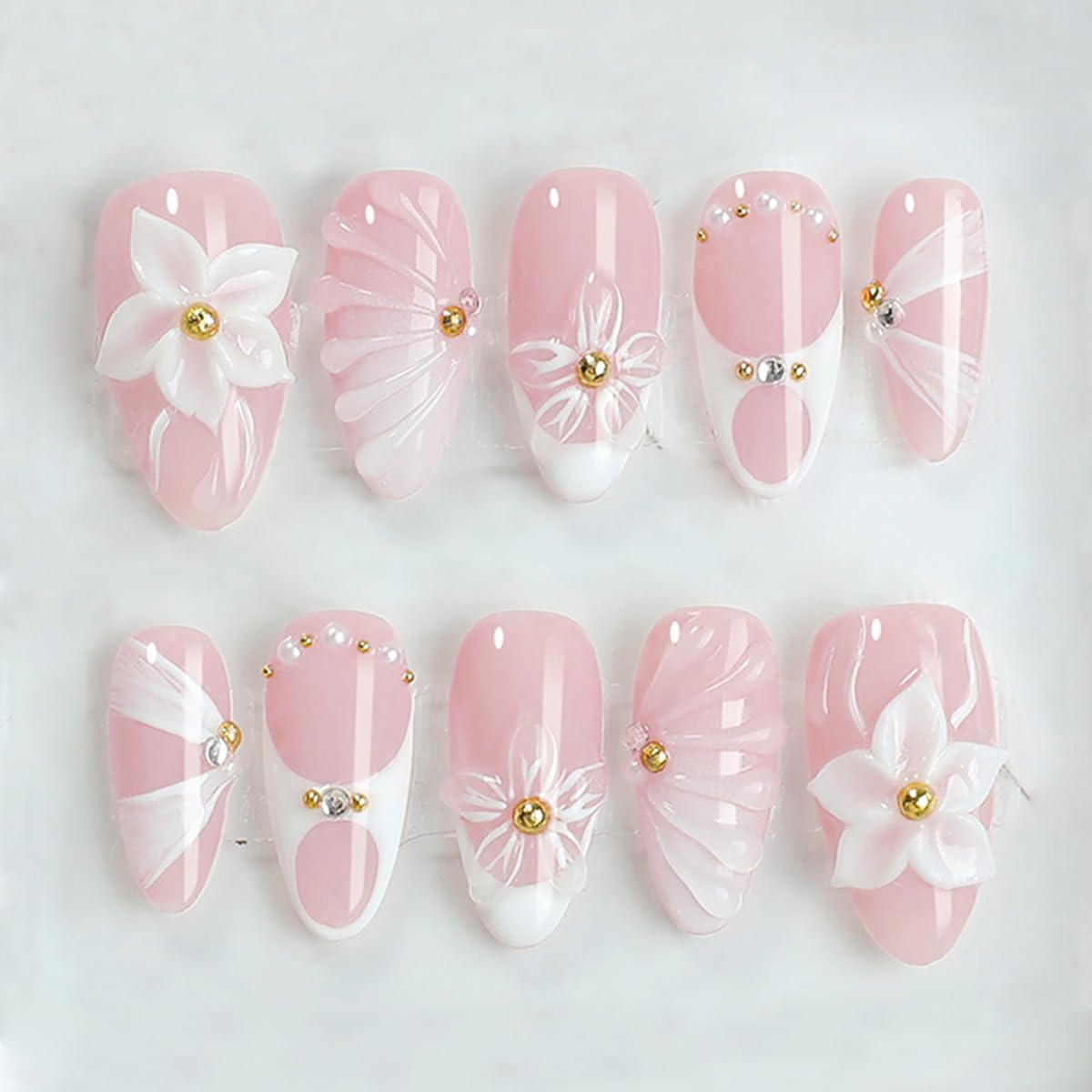 French Tip Press-On Nails - 24 Pcs Medium Almond with 3D Flower & Gold Rhinestones | Full Cover Nude Artificial Nails