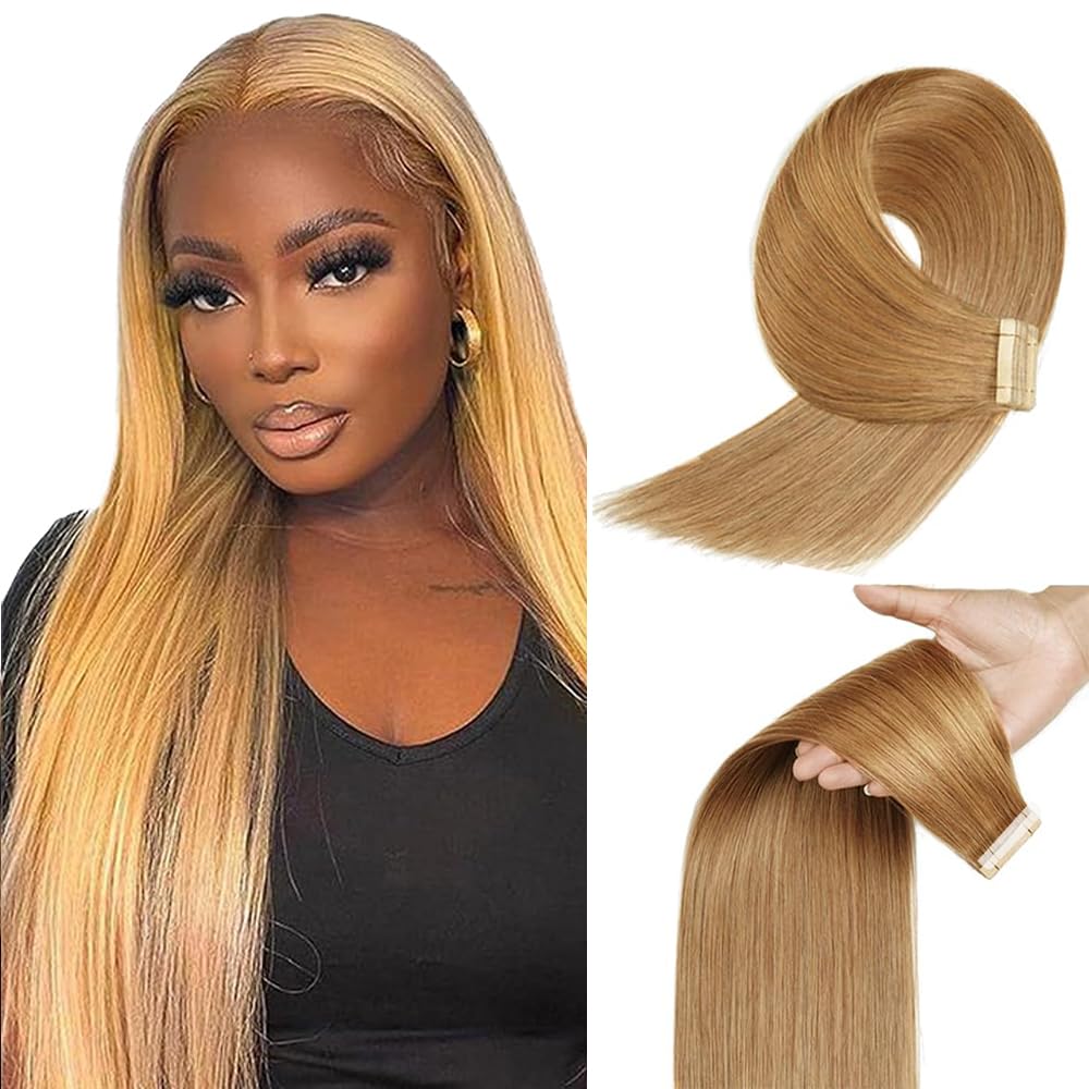 HuxoWax 26 Inch Tape In Human Hair Extensions #27 Honey Blonde Doubles Weft Invisible Straight Human Hair Tape In Extensions #27 Blonde Weave 10 Packs Total 40g