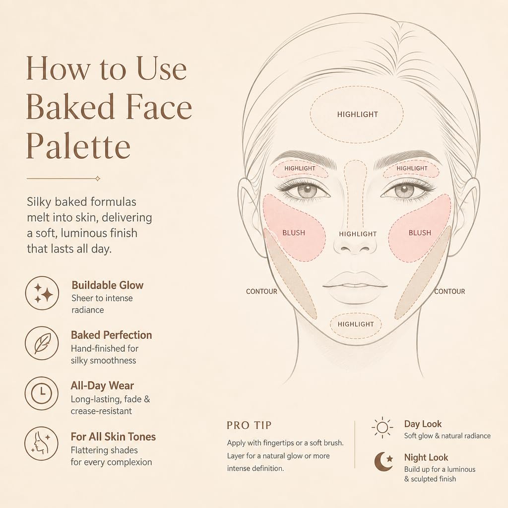Baked Makeup Palette - All-in-One Eyeshadow, Blush & Highlighter | 6 Neutral Warm Tones, Travel-Friendly Compact