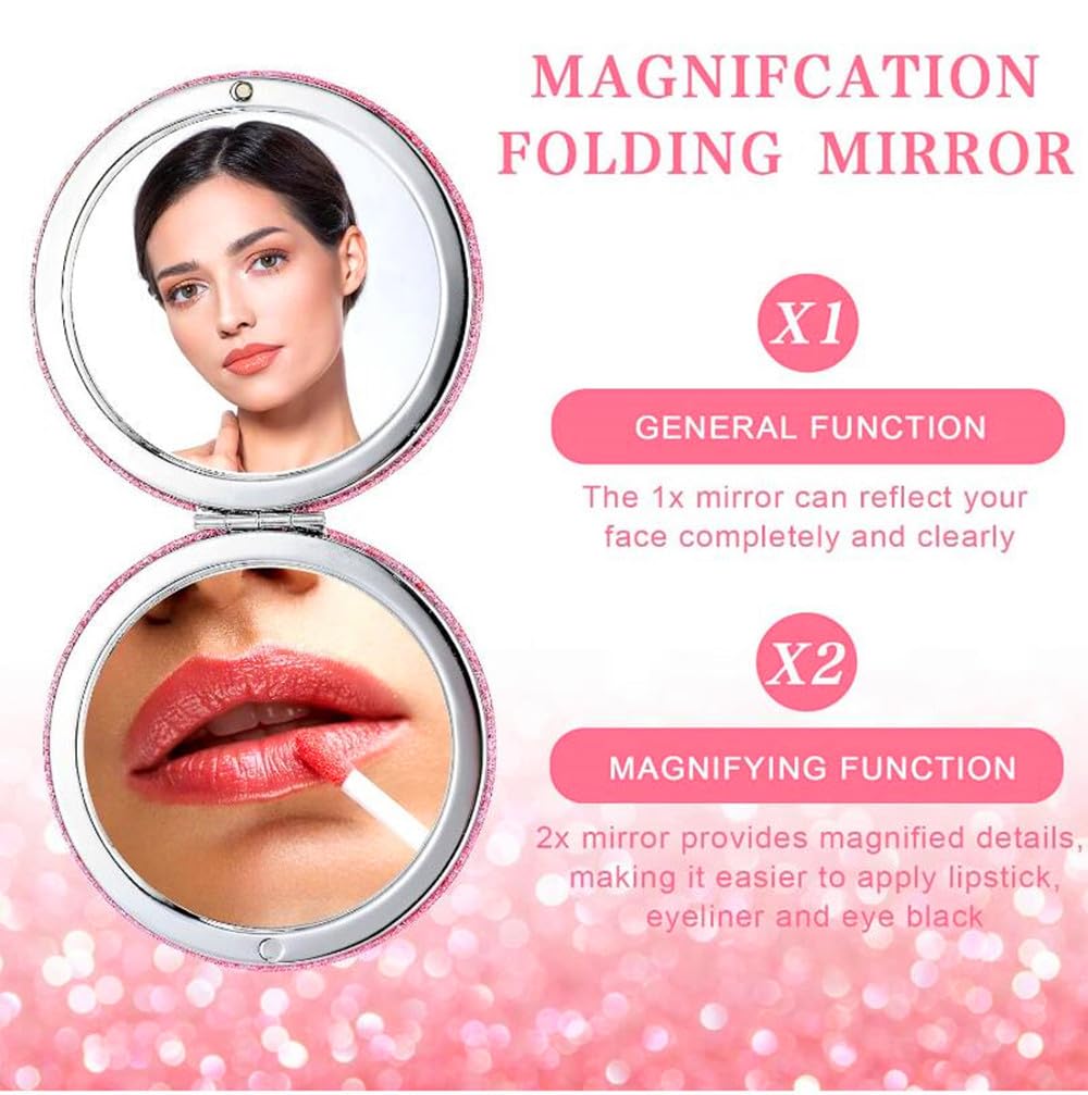 mpowtech Cute Pink Compact Mirror for Women,Small Magnifying Travel Mirror with Glitter,Portable 2 x 1x Magnification Folding Pocket Makeup Mirror Cosmetic Mirror for Gift Travel Essentials