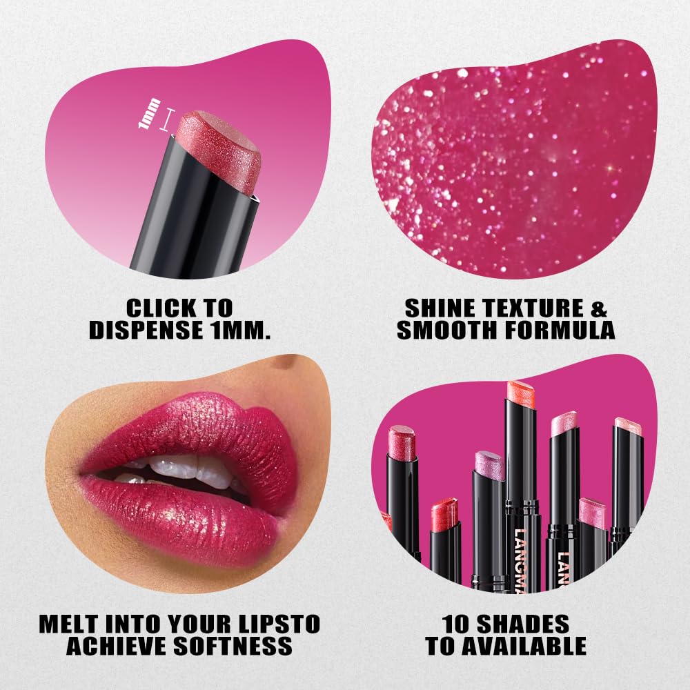 Shimmer Lipstick Set - 10 Colors with Fine Glitter | Long-Wearing & Moisturizing Shades for Daily Wear