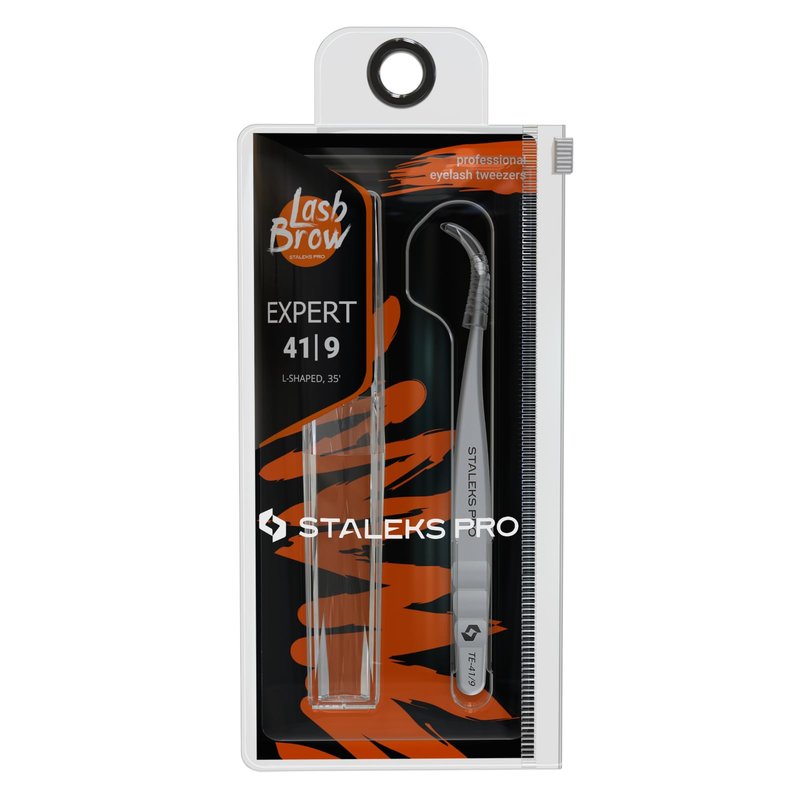 STALEKS PRO Expert 41 Type 9 Professional Eyelash Tweezers (L-Shaped 35°) – Stainless Steel for Mega-Volume 2D-8D Lash Extensions & Long Working Edges