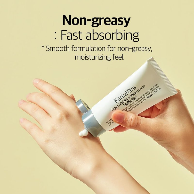 Karl&Hans Super Moisturizing Mint Vegan Hand Cream - Double Mint Scent with Shea Butter, Coconut Oil, Long-Lasting Refreshing Formula, Organic Daily Hand lotion for Dry Cracked Hands - 1.7 fl oz