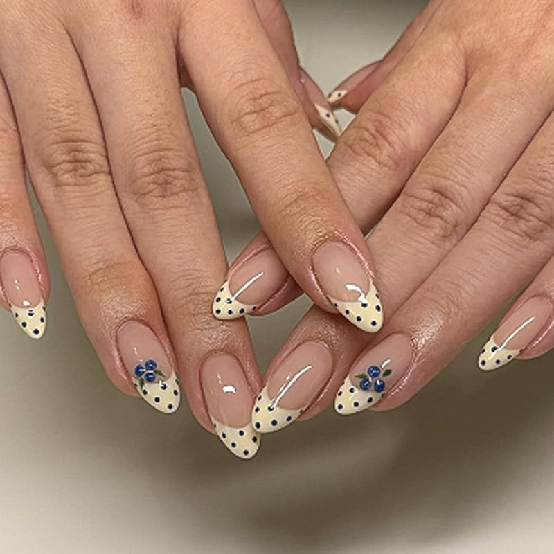Almond Press on Nails Medium - Yellow French Tip Fake Nails with Polka Dots & Blueberry Design,Reusable Artificial Glue on Nails for Women Girls Spring Summer Manicure 24Pcs