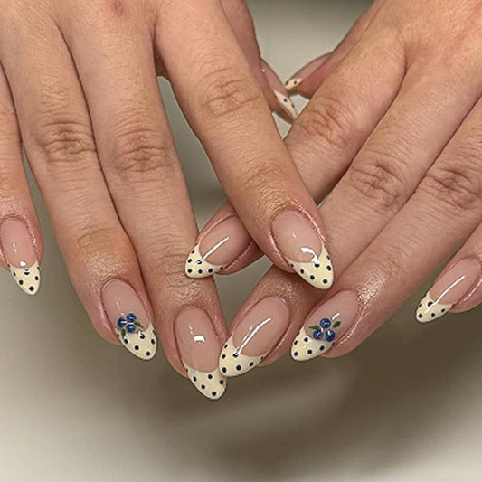 Almond Press on Nails Medium - Yellow French Tip Fake Nails with Polka Dots & Blueberry Design,Reusable Artificial Glue on Nails for Women Girls Spring Summer Manicure 24Pcs