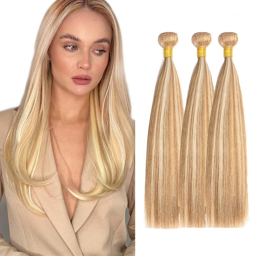 18 20 22 Inch P27/613 Highlight Blonde Bundles Human Hair Straight Bundles Blonde Color Straight 3 Bundles 50g/Bundle Unprocessed Brazilian Virgin Weave Hair Extensions for Black Women