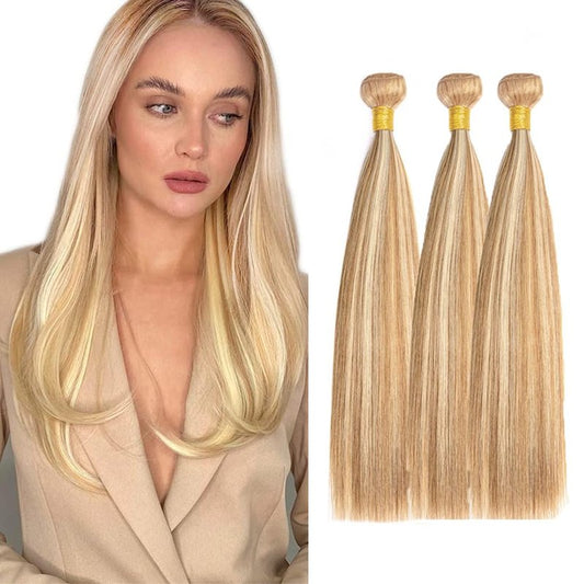 18 20 22 Inch P27/613 Highlight Blonde Bundles Human Hair Straight Bundles Blonde Color Straight 3 Bundles 50g/Bundle Unprocessed Brazilian Virgin Weave Hair Extensions for Black Women