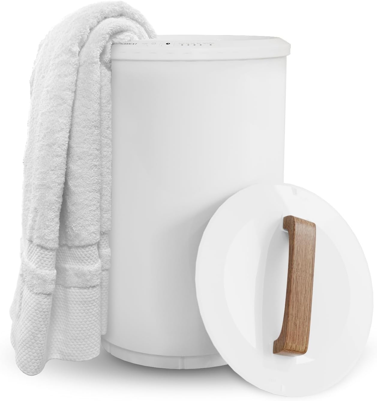 Heated Towel Warmer Bucket - Large Capacity with Wood Handle & Auto Shut Off | Fits Two 40"x70" Towels, White