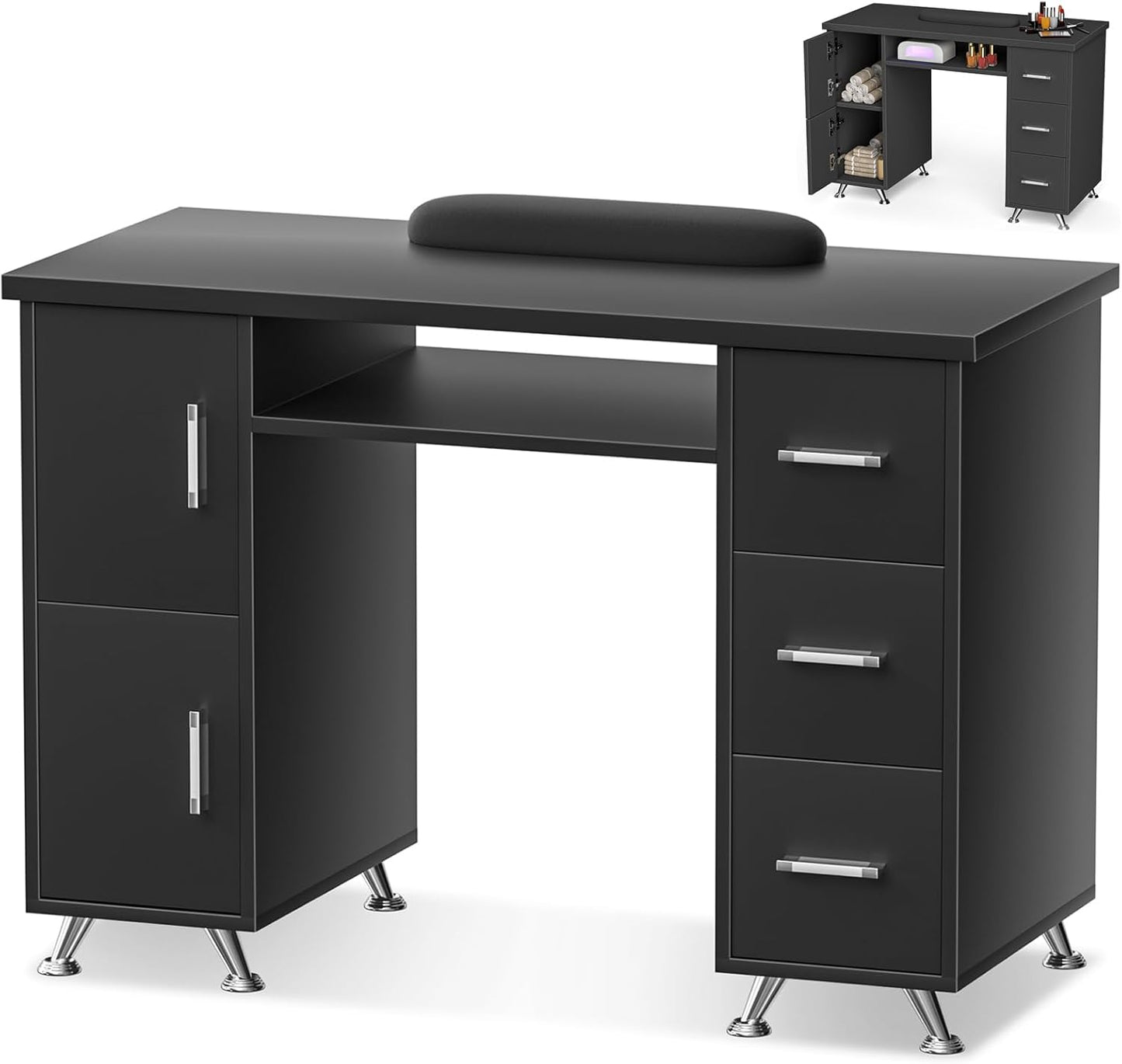 Professional Nail Tech Desk - Acetone Resistant Manicure Table with 3 Drawers & 2 Cabinets | White-Gold Finish for Salon & Home Use