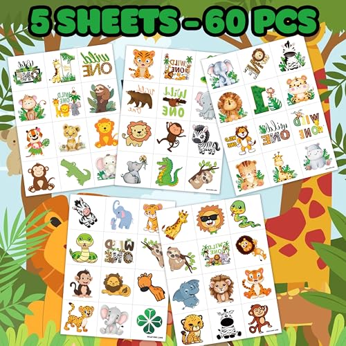 60 PCS Jungle Animal Temporary Tattoos for Kids' Parties