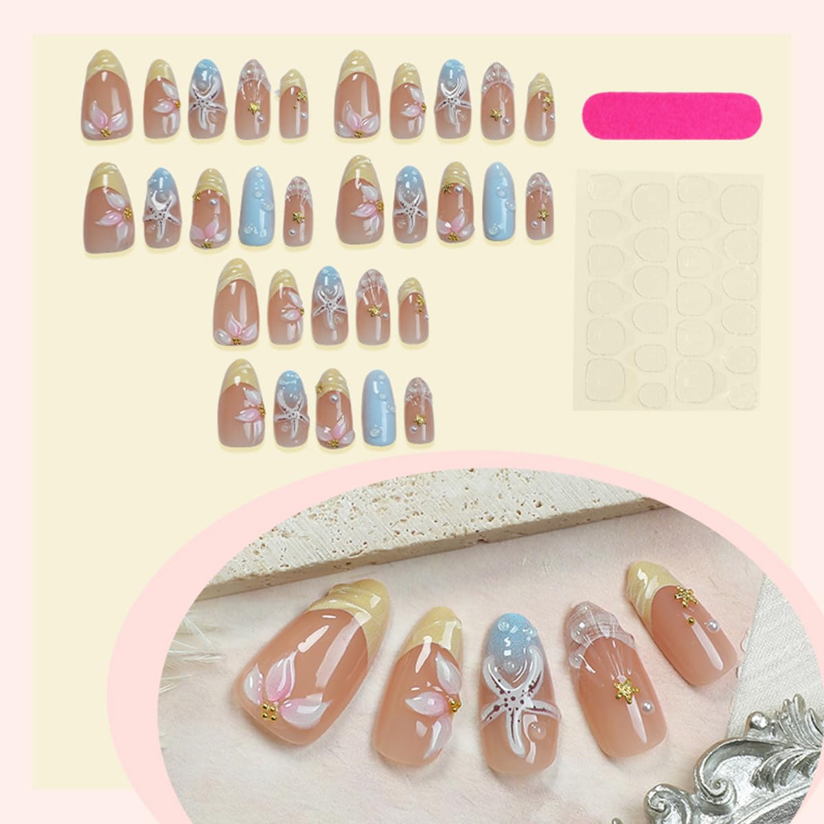 Short Almond Press-On Nails - 24 Pcs French Tip with Leopard Print & Gold Beads | Reusable Acrylic Nail Designs for Women