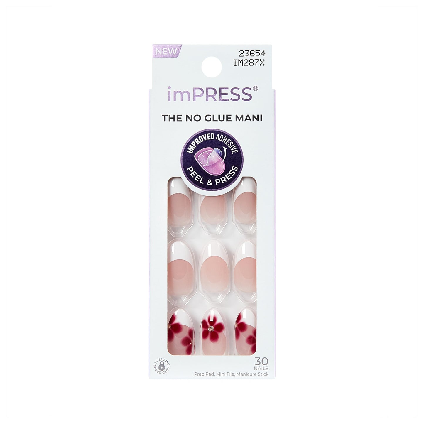 Kiss Impress No Glue Mani Press On Nails, Design, 'Hampton', Red, Medium Size, Almond Shape, Includes 30 Nails, Prep Pad, Instructions Sheet, 1 Manicure Stick, 1 Mini File