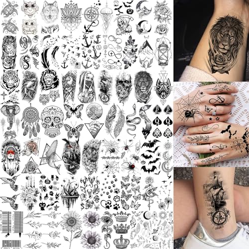 SELIDODO Black Flower 75 Sheets Realistic 3D Temporary Tattoos for Women & Girls - Guadalupe Virgin Mary Lotus Snake Peony Floral Designs