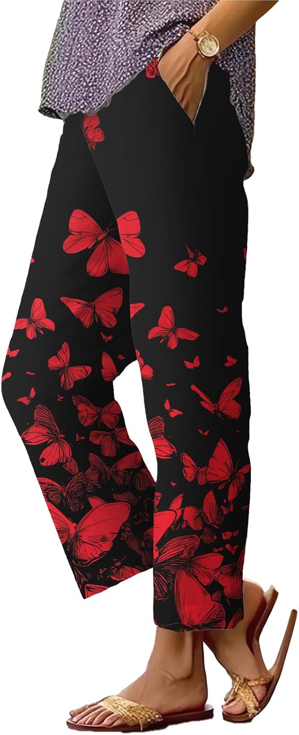 Boho Floral Summer Pants for Women - Elastic Waist Wide Leg Capris | Butterfly Graphic Beach Trousers