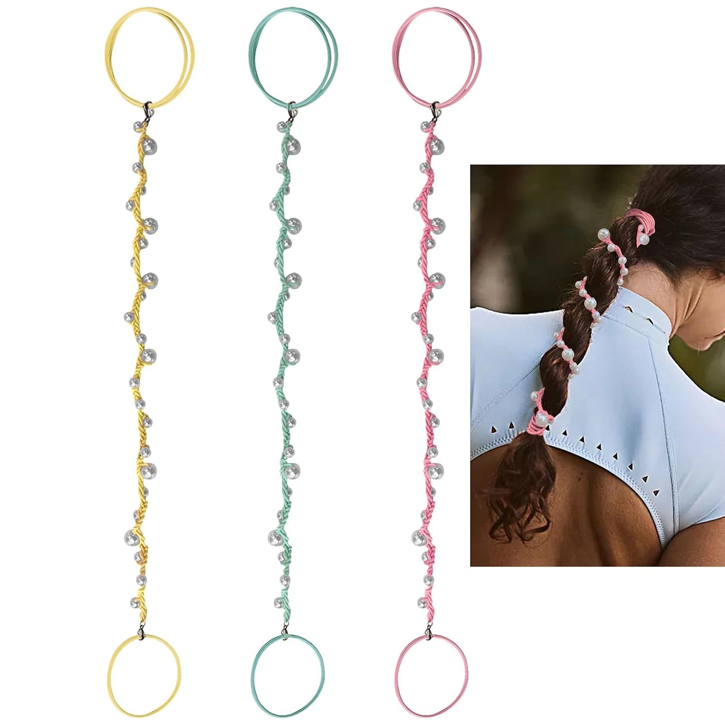 Pearl Hair Ties for Women - Hand-Braided Sport Ponytail Holders | Tangle-Free 16” Wraps in Hot Pink, Blue & Green (3 Pack)