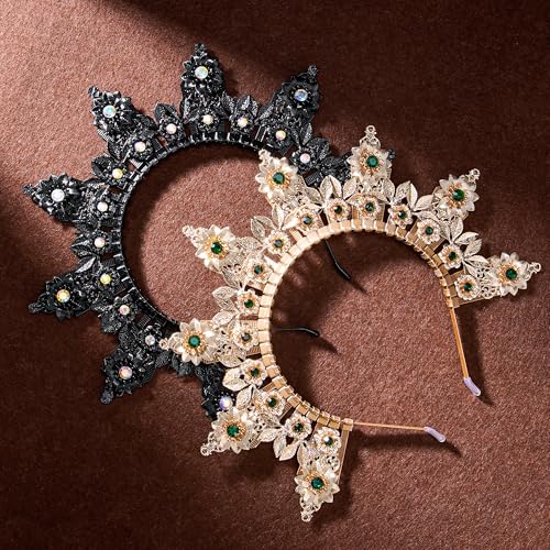 Black Spiked Greek Goddess Halo Crown Headband - Gothic Floral Design