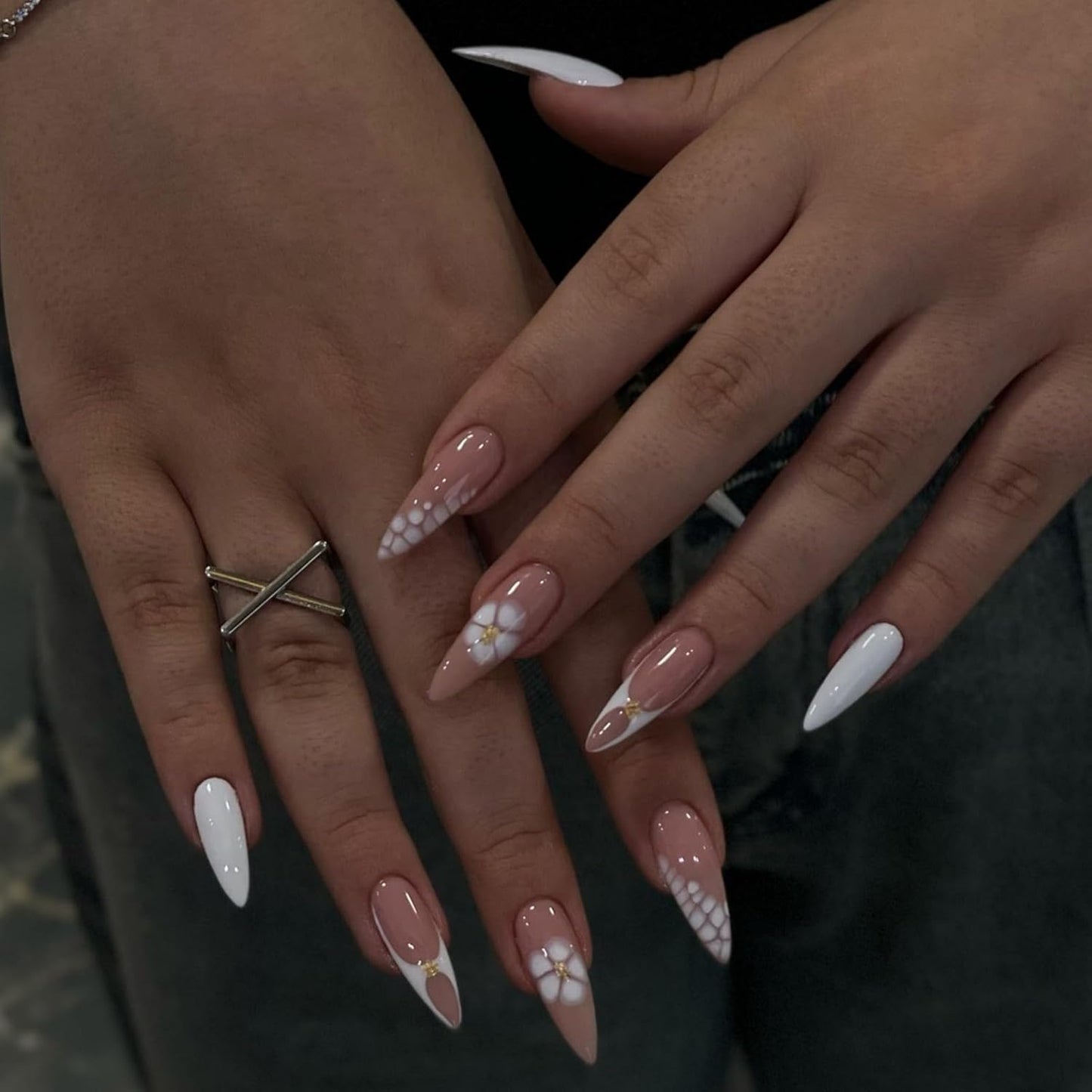 Press On Nails - French Tip Design with Rhinestones | Medium Almond Glossy Full Cover - 24 Pcs