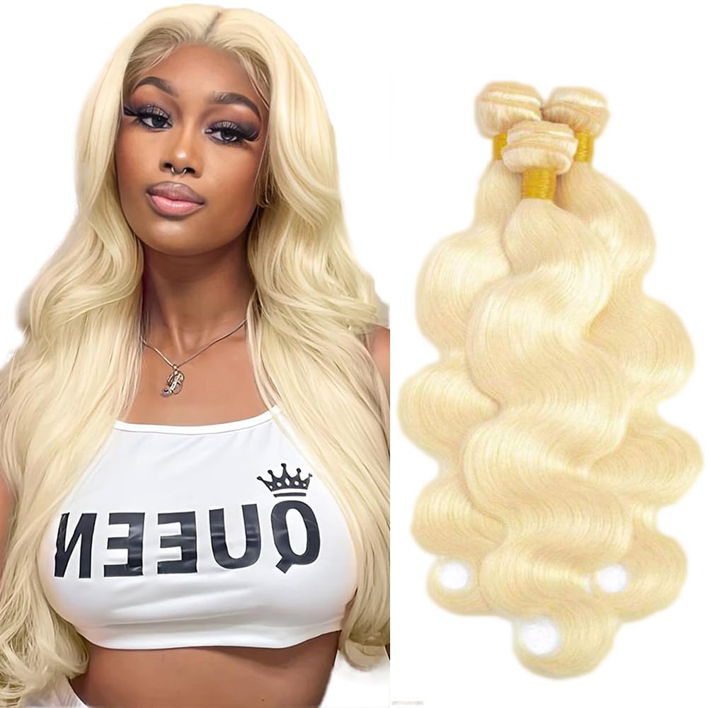 #613 Blonde Bundles Human Hair Honey Blonde Body Wave Bundles 14 16 18 Inch Unprocessed Brazilian Virgin Hair 3 Bundle Deals Quick Weave Hair Extensions 50 Gram Per Bundle For Woman