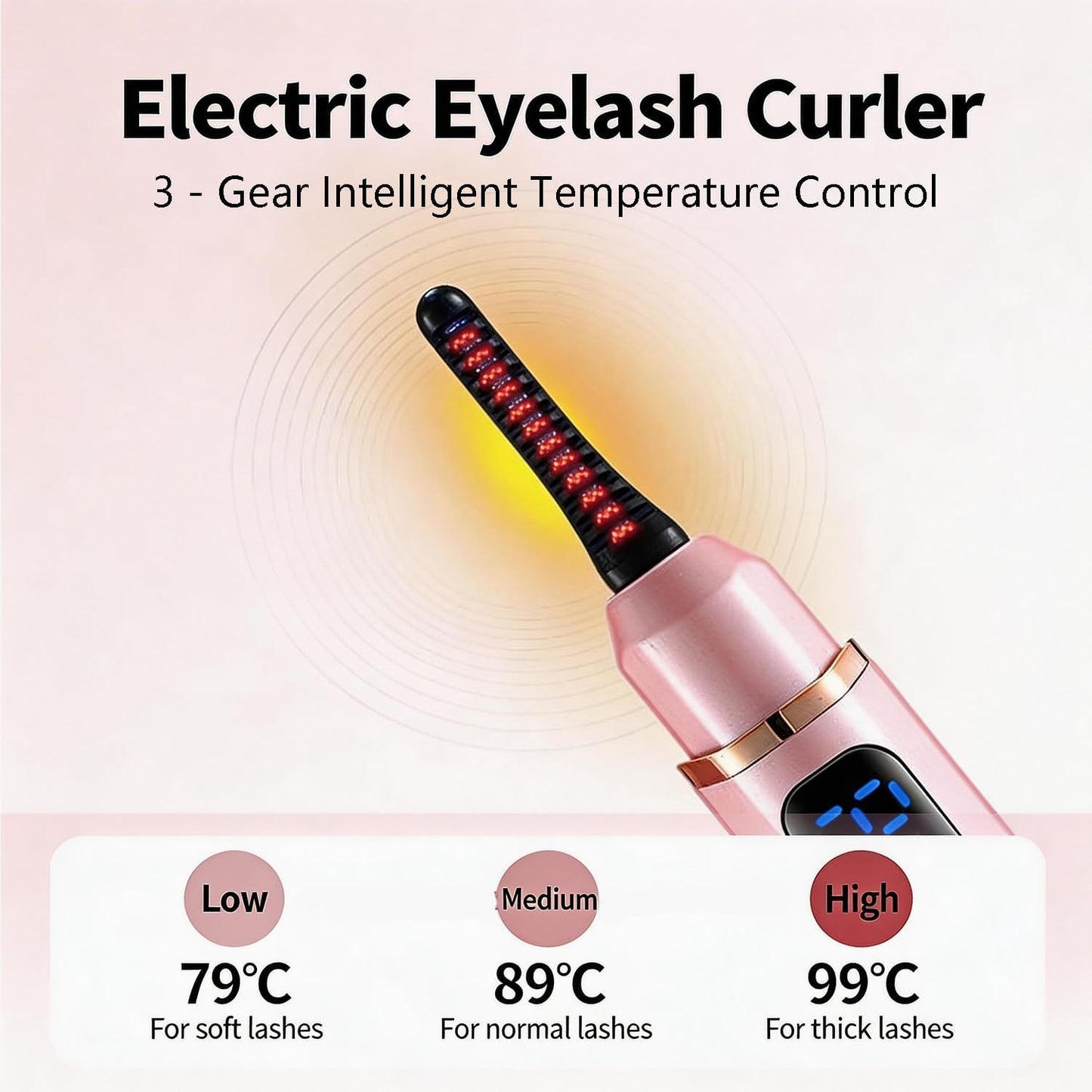 Electric Heated Eyelash Curler - 3 Temperature Modes & LED Display | Type-C Rechargeable, Pink