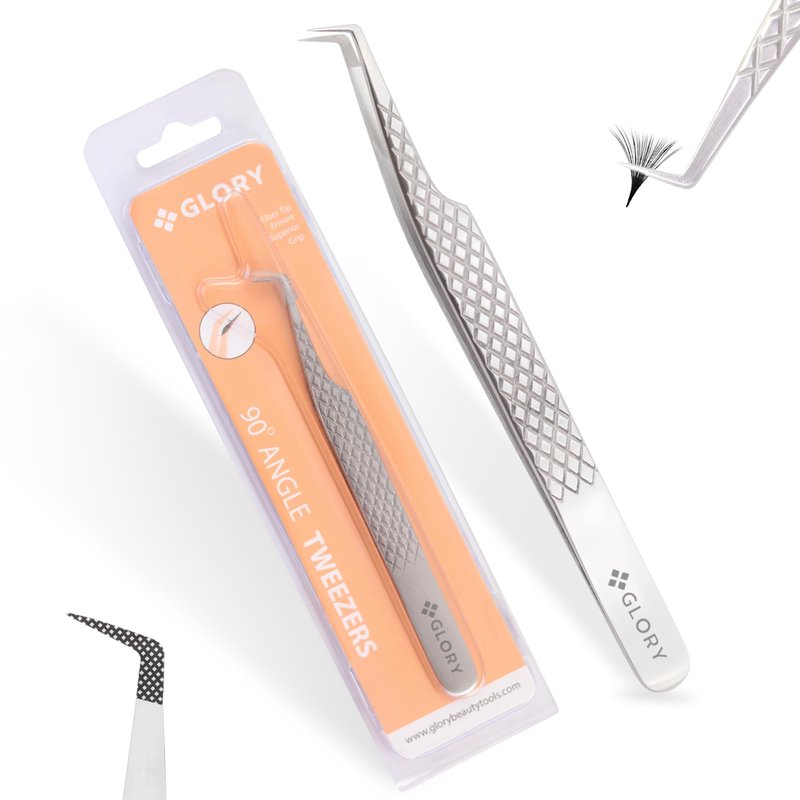 Glory 90 Degree Angle Lash Tweezers for Eyelash Extensions – Precision Fiber Tip Diamond Grip Stainless Steel Lash Tool for Mega Volume, Classic & Professional Lash Tech Supplies