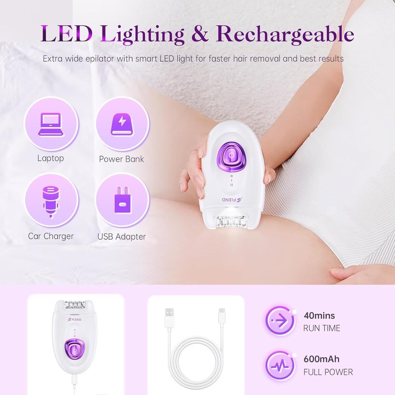 Smooth Glide Epilator for Women, Painless Rechargeable Facial Hair Removal Device, 2-Speed 36 Tweezers with LED Light, 2-in-1 Design, Smooth Skin for Face, Bikini, Arms & Legs