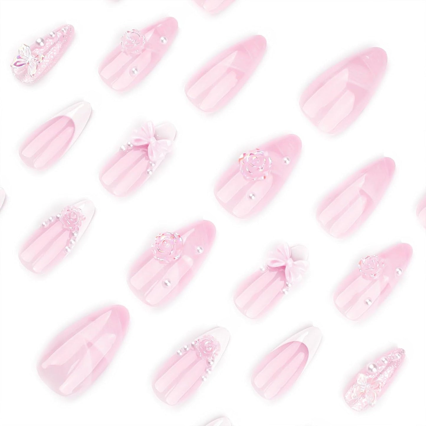 French Tip Press-On Nails - Medium Almond Shape with 3D Bow & Pearl Charms | 24 Pcs Spring Design