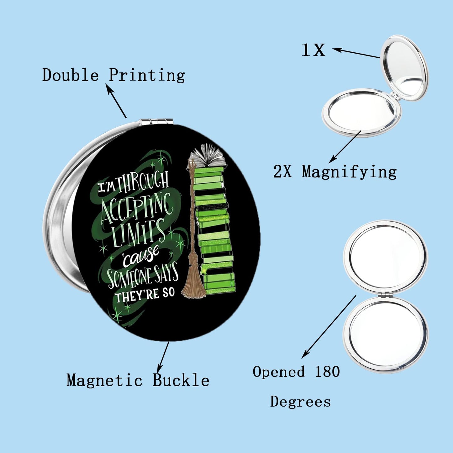 BEKECH Elphaba Quote Compact Mirror I’m Through Accepting Limits Green Witch Musical Makeup Mirror Gift for Theater Fans (Black)