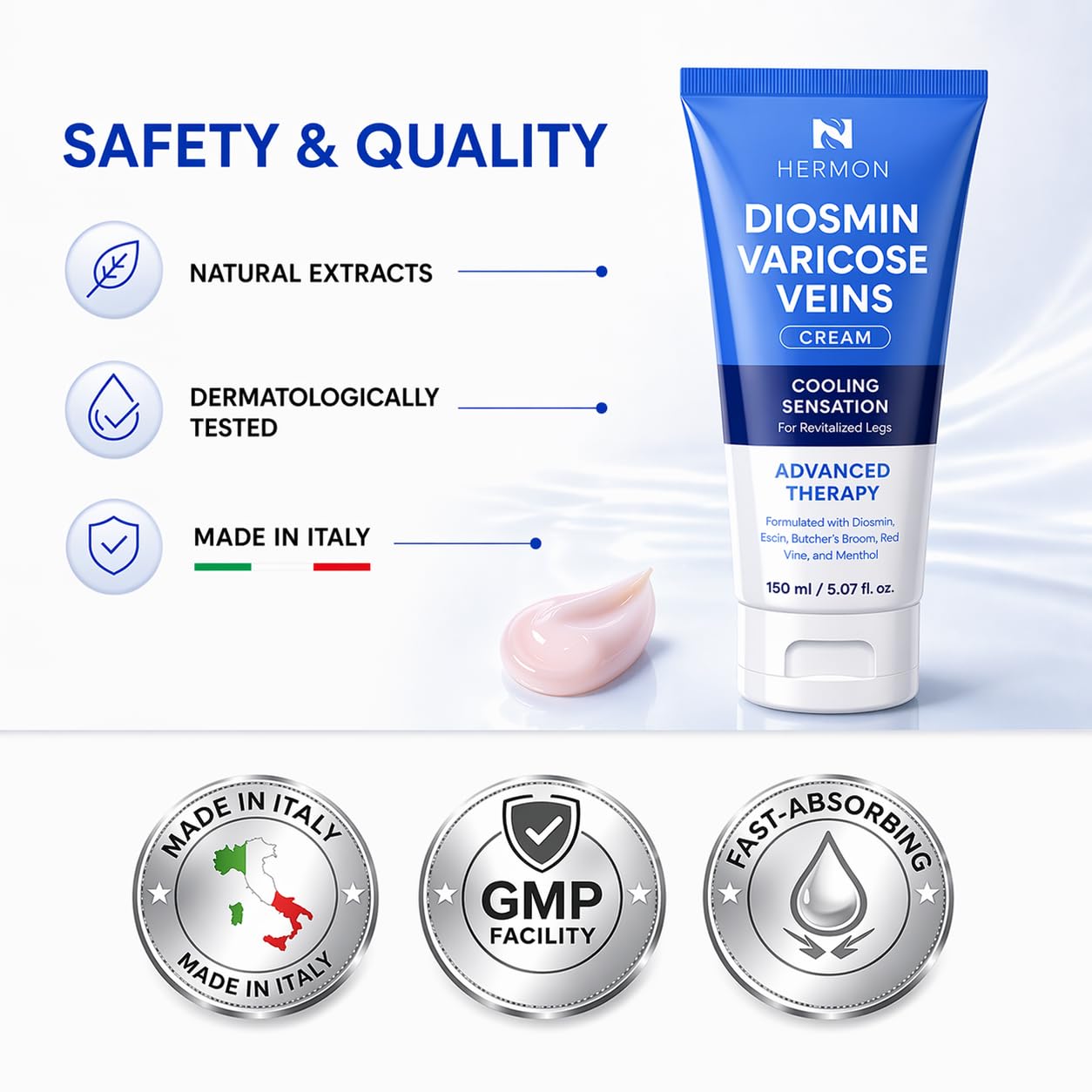 Hermon Diosmin Legs Gel Cream – Natural Botanical Moisturizer for Smooth, Nourished Skin – Lightweight, Fast-Absorbing Formula Made in Italy (5.07 Fl Oz)