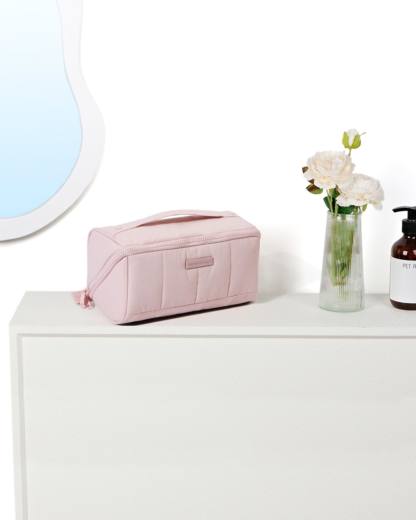 NISHEL Travel Makeup Bag for Women, Fluffy & Lightweight Open Flat Cosmetic Organizer with Multiple Functional Divider for Brush Independent Storage, Handle for Easy Portability, Pink