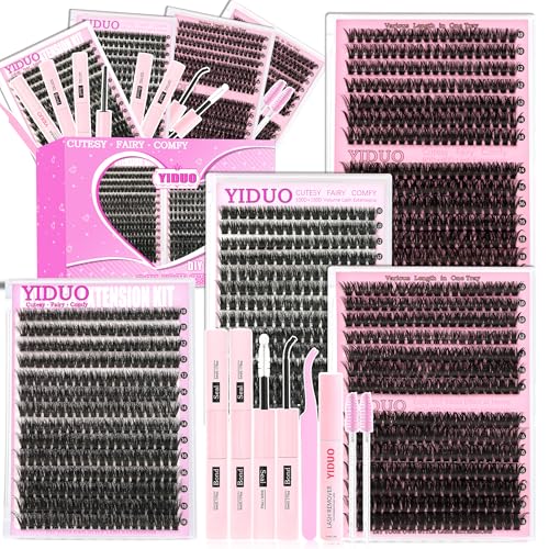 YIDUO 4 Styles Lash Clusters Kit 60D+80D+100D+150D Volume Clusters Lashes Extensions Kit with 2 X Bond and Seal 10-18mm Wispy D Curvature Full Individual Eyelash Extensions Kit DIY at Home Easily