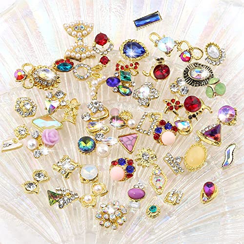 JALIYA 50pcs Gold 3D Nail Charms for Acrylic Nails – Mixed Styles, Rhinestones & Pearls (Gold)