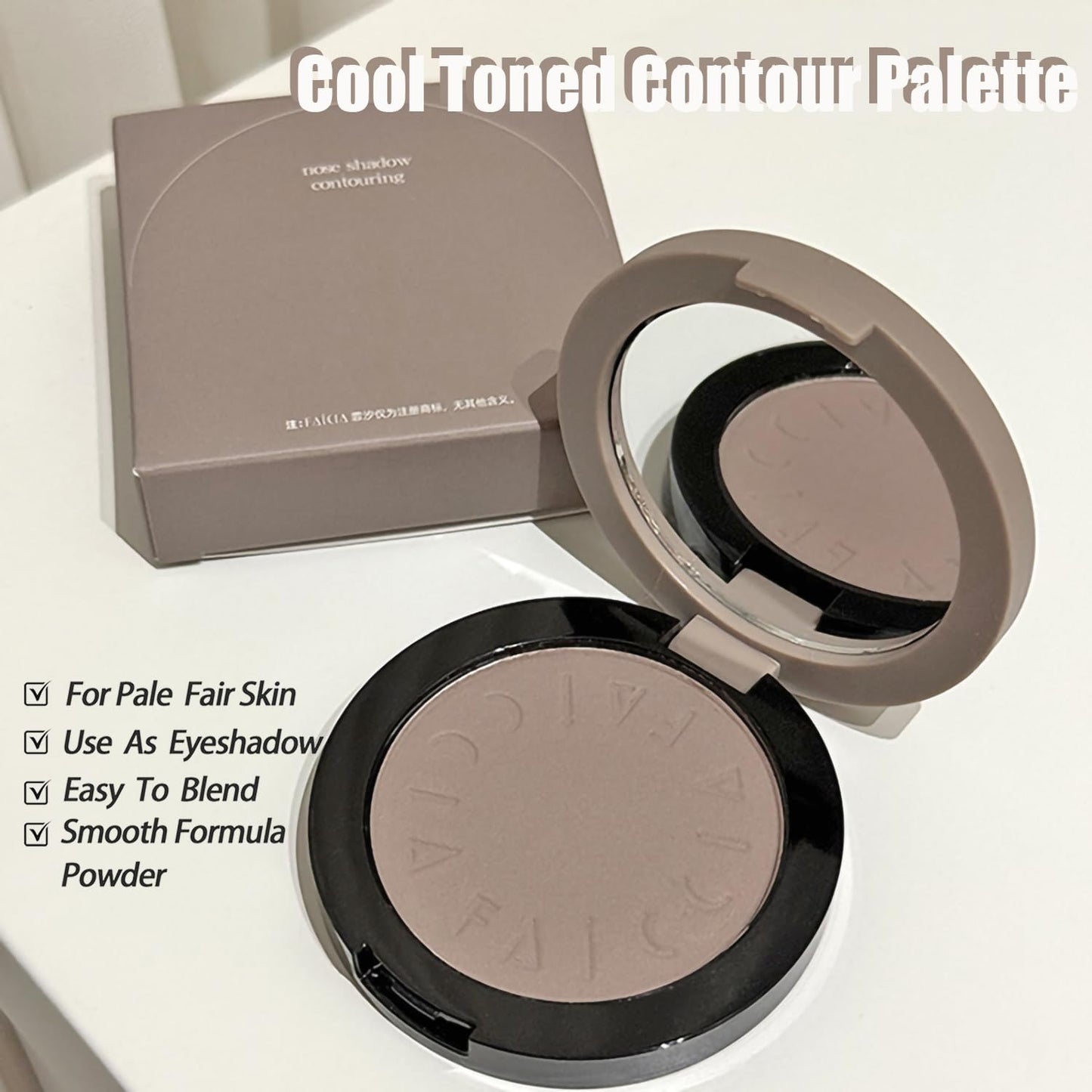 Cool-Toned Grey Contour Powder Palette with Mirror & Makeup Brush Set – Long-Lasting Taupe Matte Finishing for Fair Pale Skin, Multi-Purpose Nose & Face Sculpting Kit, Travel-Friendly Compact