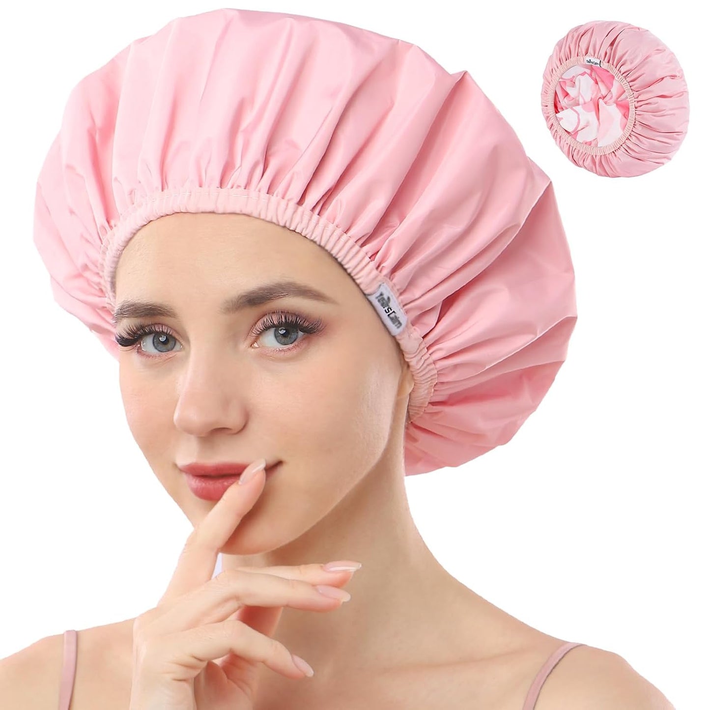 Reusable Waterproof Shower Caps for Women - Double Layer, Reversible Design | Soft Elastic Keeps Hair Dry