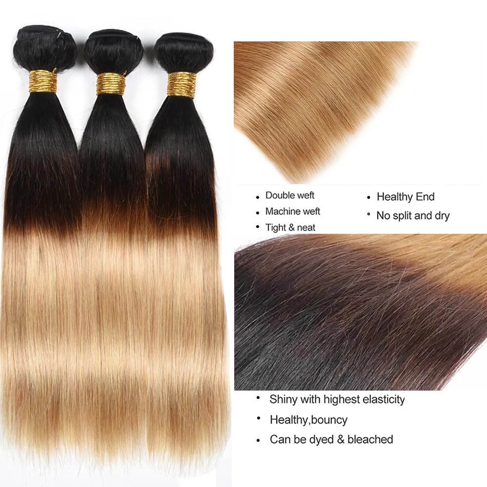 28 28 28 Inch T1B4/27 Ombre Blonde Bundles Human Hair Straight 3 Bundles 100 Grams/Bundle 10A Grade Unprocessed Brazilian Virgin Hairs Ombre Bundles Weaves Hair Extensions For Women