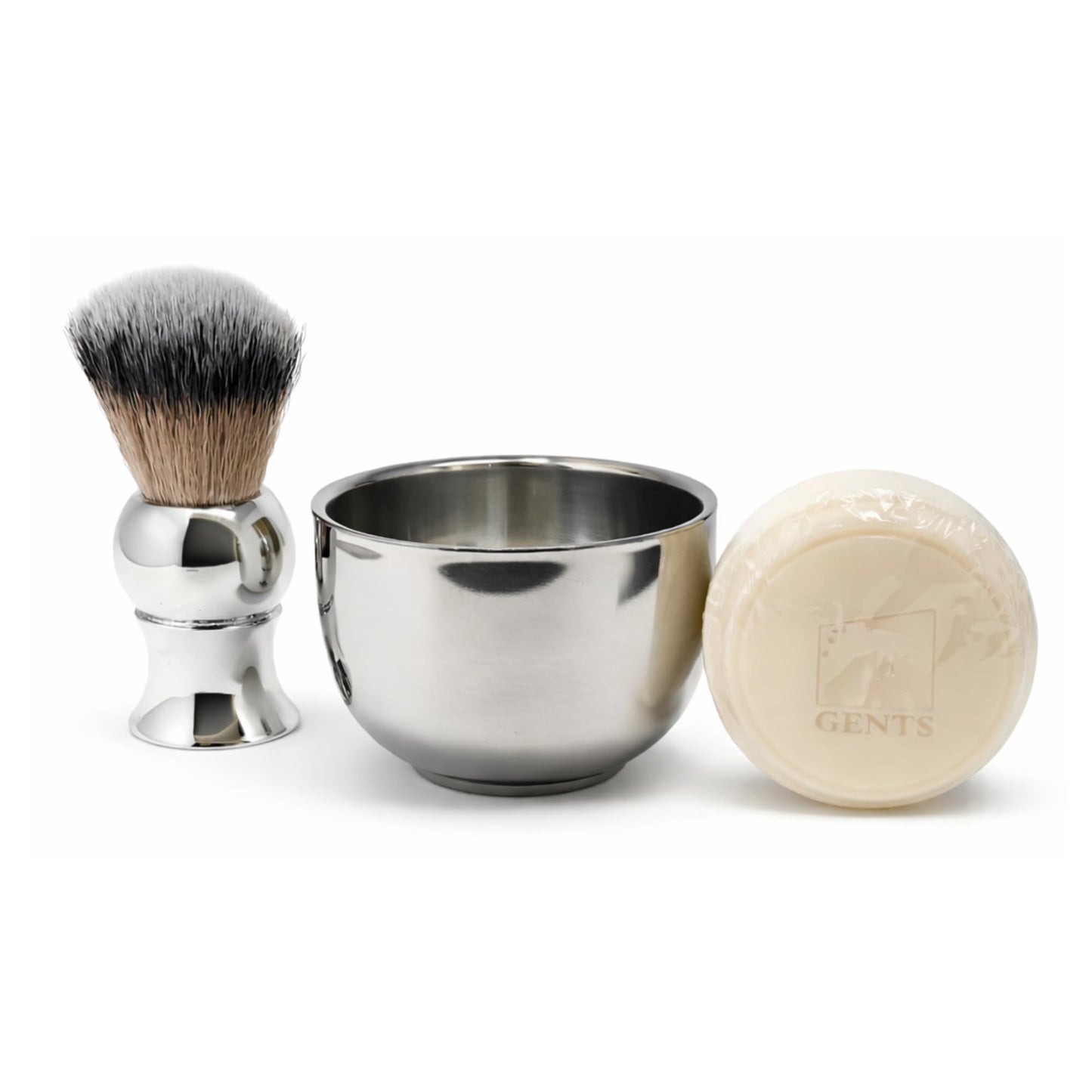 GENTS Men’s Traditional Wet Shaving Kit - 3 Piece Stainless Steel Set with Steel Bowl, Natural Shave Soap & Synthetic Brush - Perfect Grooming Gift