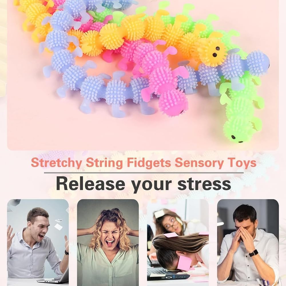 Colorful Caterpillar Fidget Strings - 5 Pack Stretchy Stress Relief Toys for Adults | Party Favors