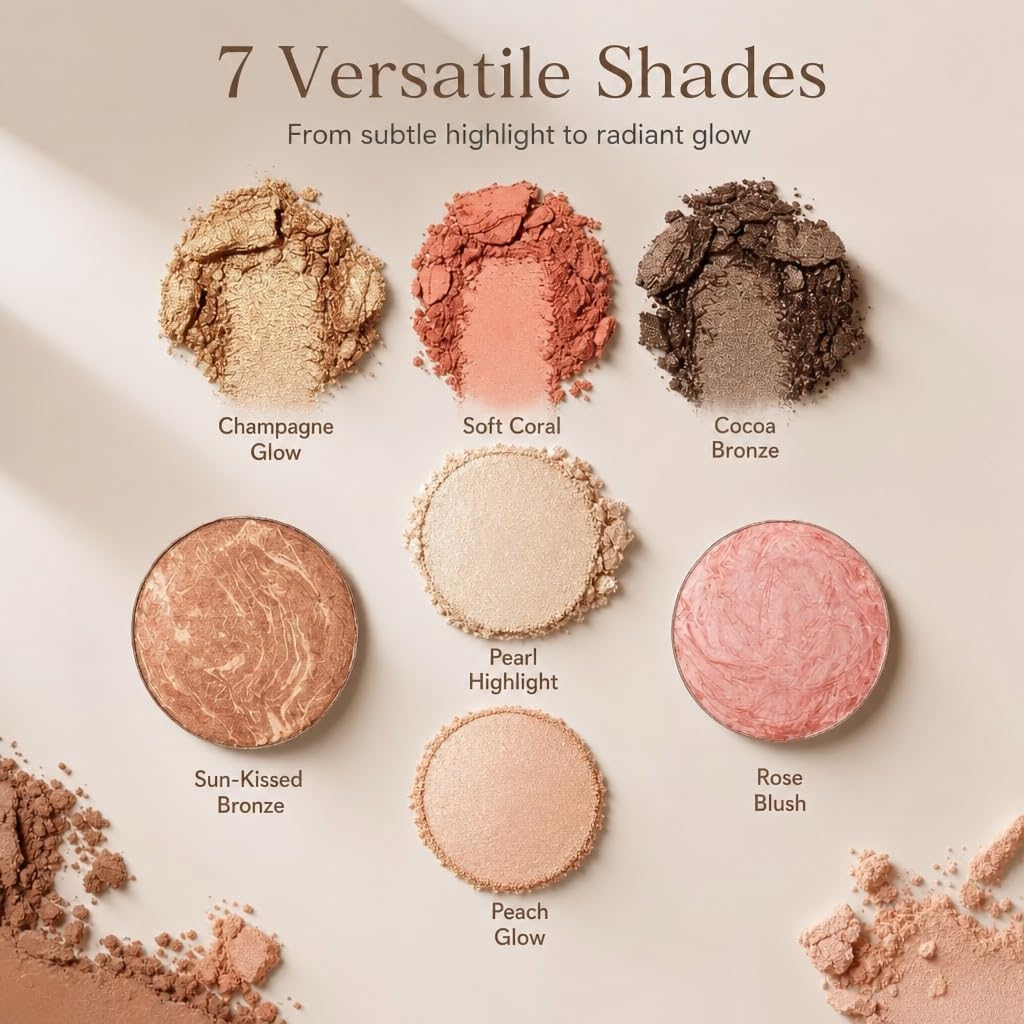 Ihuiniya 7 Colors Baked Makeup Palette, All in One Eyeshadow, Blush, Highlighter and Bronzer, Neutral Warm Tones, Natural Finish, Travel-Friendly Compact (PINK-7Color)