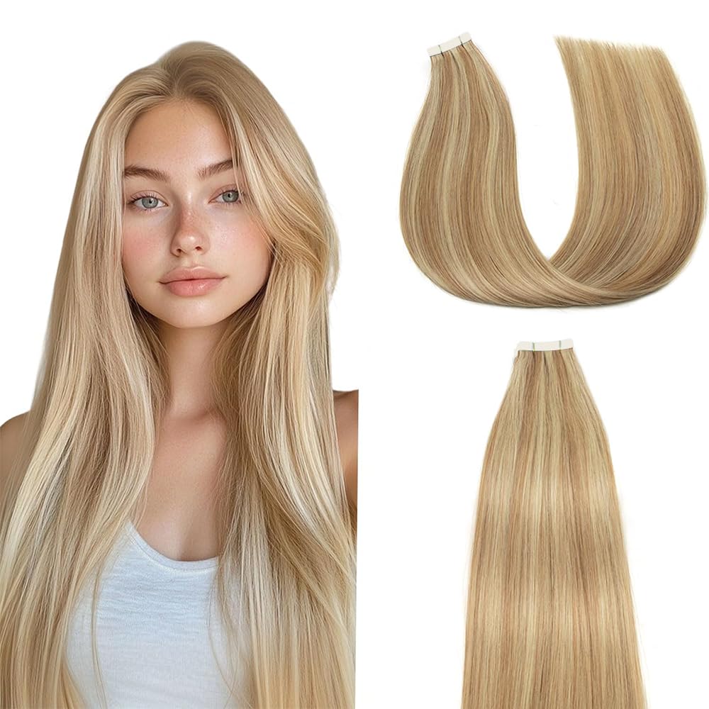 HuxoWax 28 Inch Straight Tape In Human Hair Extensions P27/613 Highlight Blonde Weft Weave 10 Packs Total 40g Honey Blonde Color Invisible Human Hair Tape In Extensions
