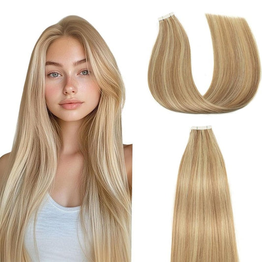 HuxoWax 28 Inch Straight Tape In Human Hair Extensions P27/613 Highlight Blonde Weft Weave 10 Packs Total 40g Honey Blonde Color Invisible Human Hair Tape In Extensions