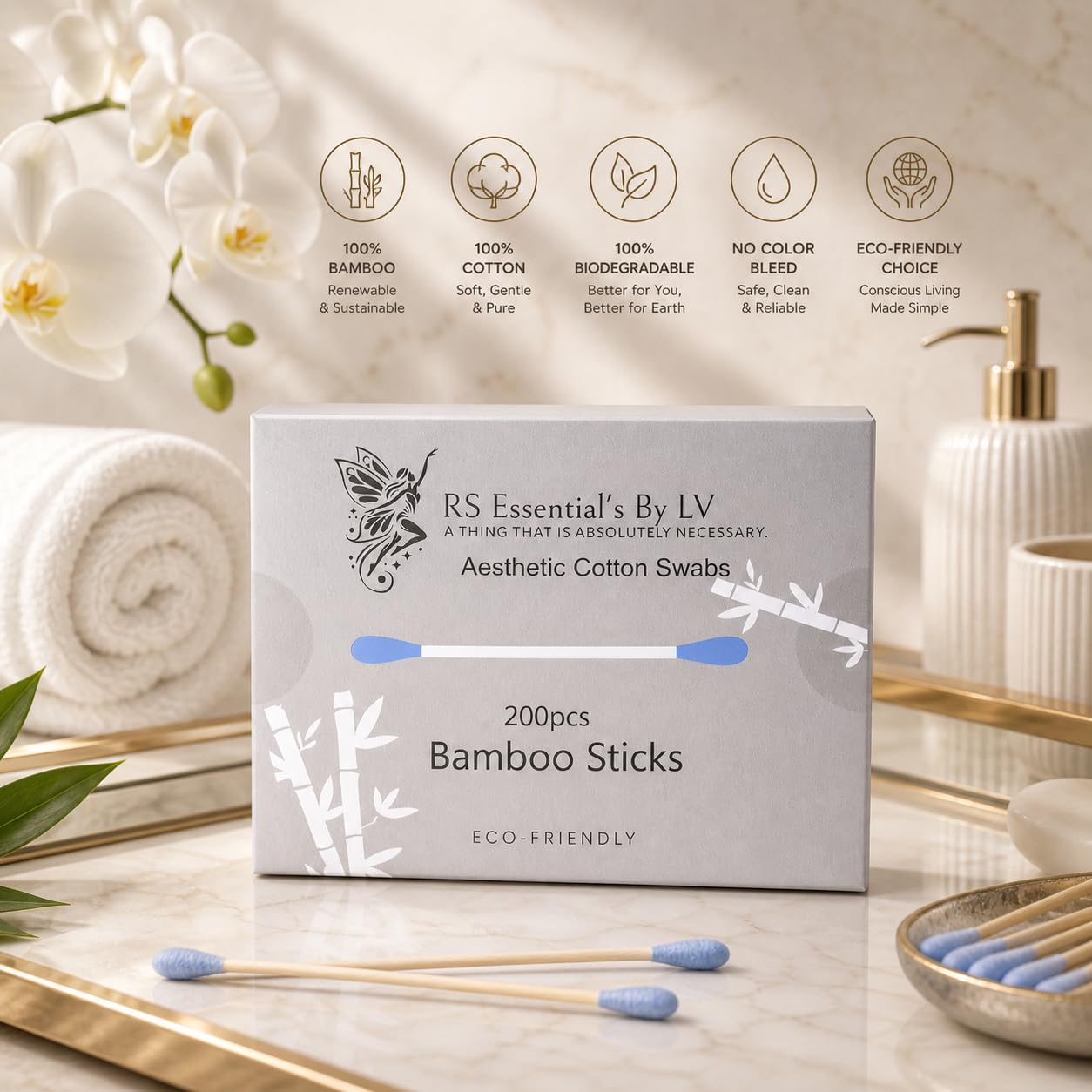RS ESSENTIAL'S BY LV: Aesthetic Cotton Swabs Sticks Ear Swabs Bamboo swabs 200 Count Cotton Buds In 5 Colorful Colors (Blue)