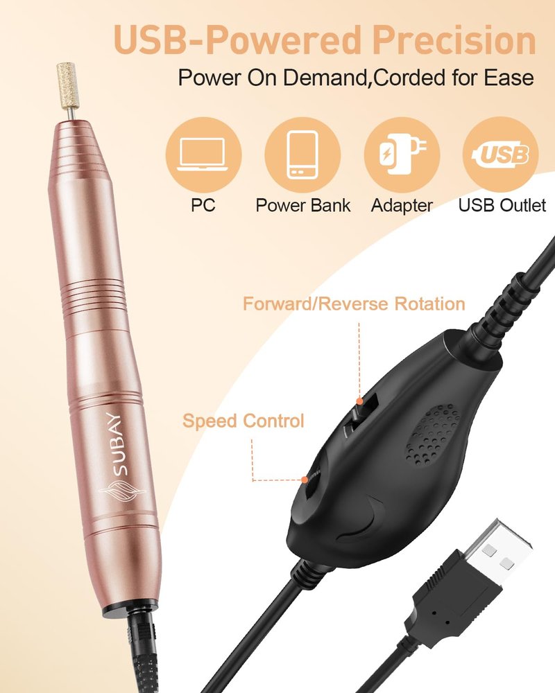 Subay Acrylic Nail Drill, Electric Nail File for Acrylic Gel Nails, Portable USB Nail Drill Machine with 6 Nail Drill Bits and 26 Sanding Bands for Nail Technicians Manicure Pedicure - Black