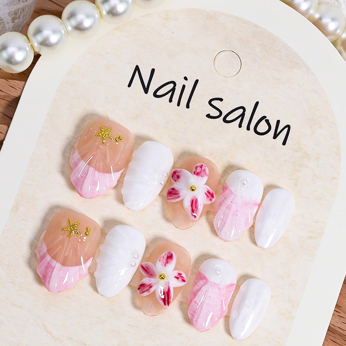Flower Press-On Nails - 10 Pcs Short Almond Style with Gold Shell & Starfish Rhinestones | Reusable Cute Handmade Acrylic Nails for Women & Girls