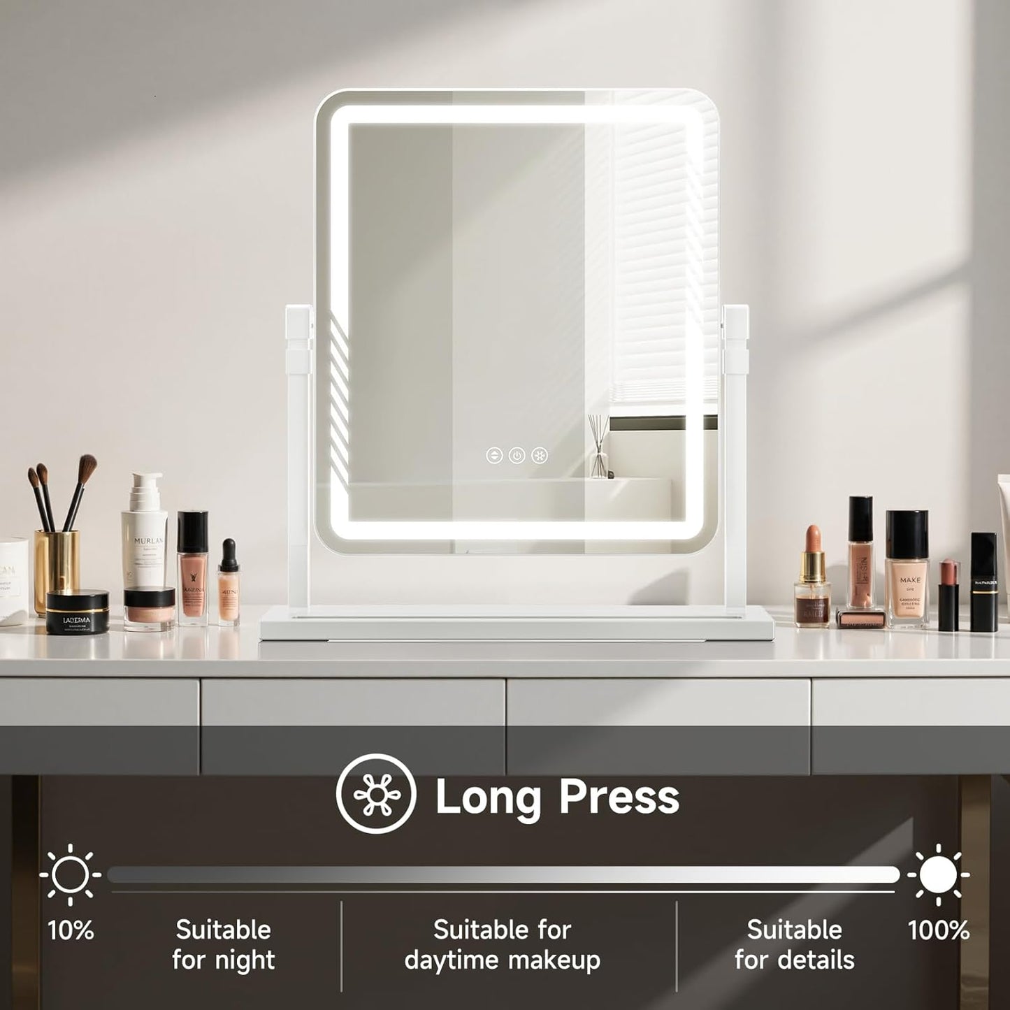 Makeup Mirror with Lights - Height-Adjustable 360° Rotation & Smart Touch Control | Large 17.5in White Vanity Mirror